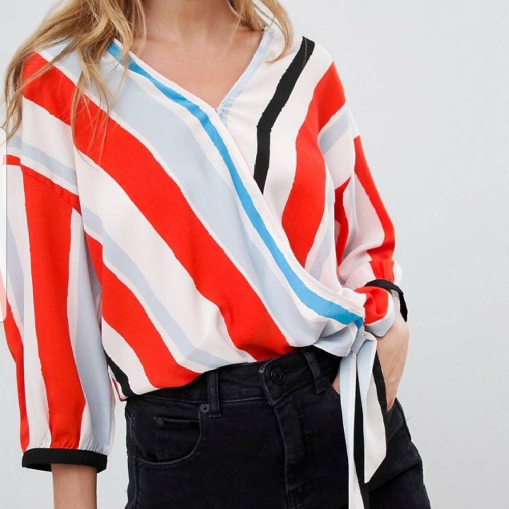 ASOS red & blue striped wrap blouse with tie